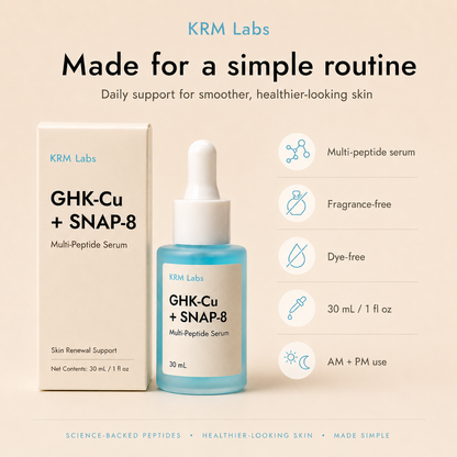 KRM Labs GHK-Cu + SNAP-8 multi-peptide serum with packaging on a beige background