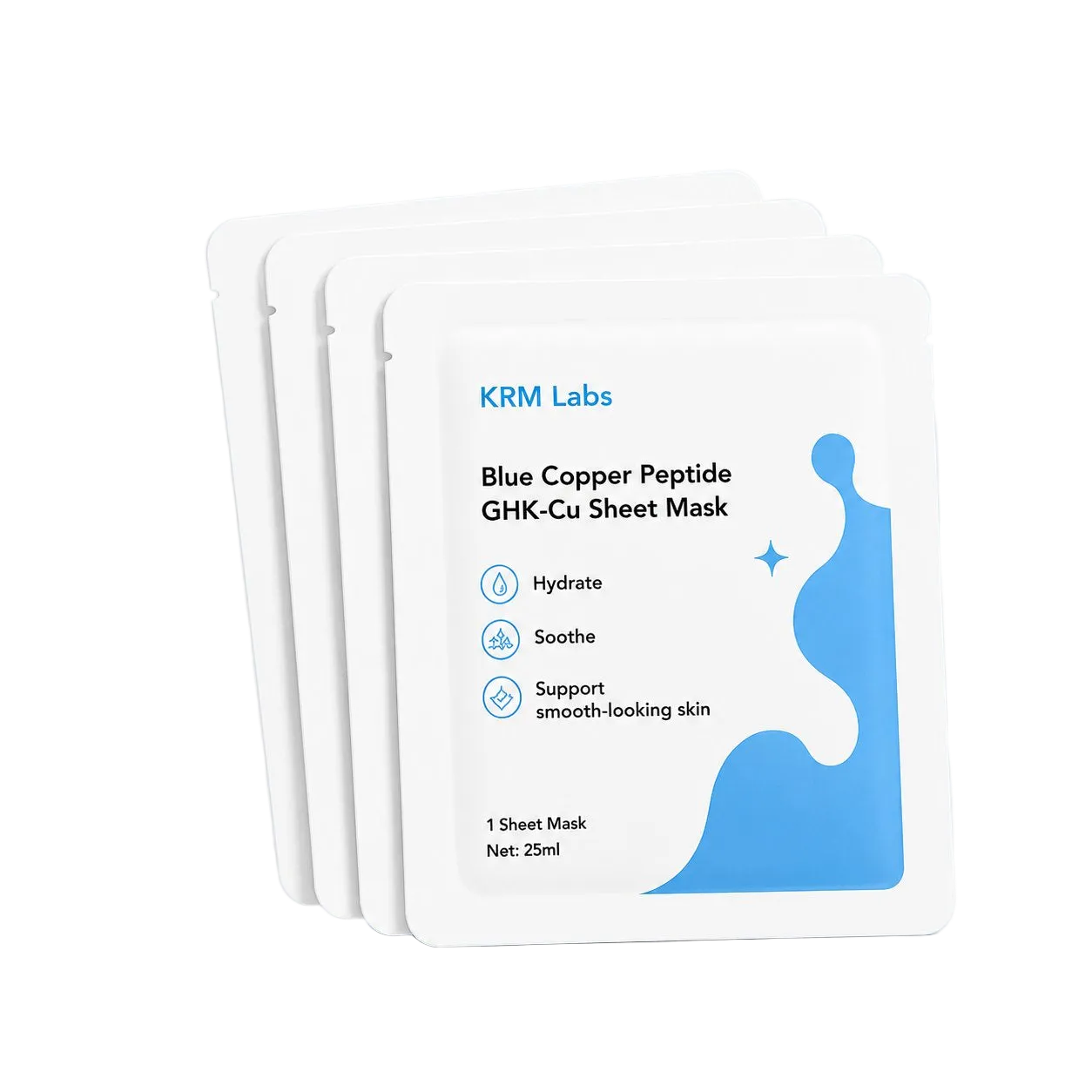 Hydrating blue copper peptide sheet mask designed to help soothe, refresh, and support smoother-looking skin. Single-use treatment mask from KRM Labs.