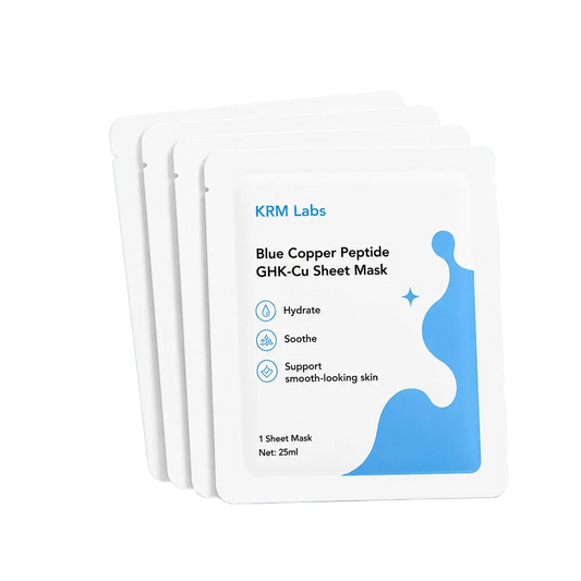 Hydrating blue copper peptide sheet mask designed to help soothe, refresh, and support smoother-looking skin. Single-use treatment mask from KRM Labs.