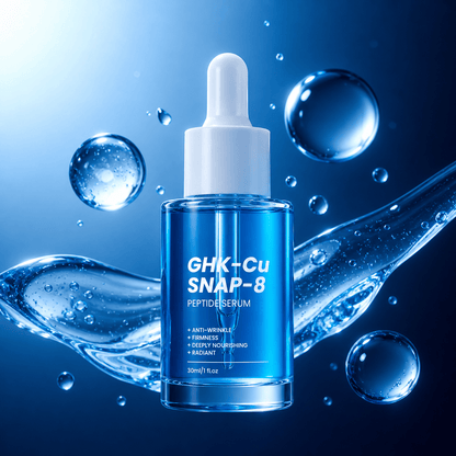 GHK-Cu and SNAP-8 Multi-Peptide Serum 30 mL dropper bottle on blue gradient background with water droplets