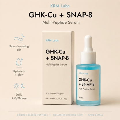 KRM Labs GHK-Cu + SNAP-8 Multi-Peptide Serum packaging with dropper bottle and box on a beige background