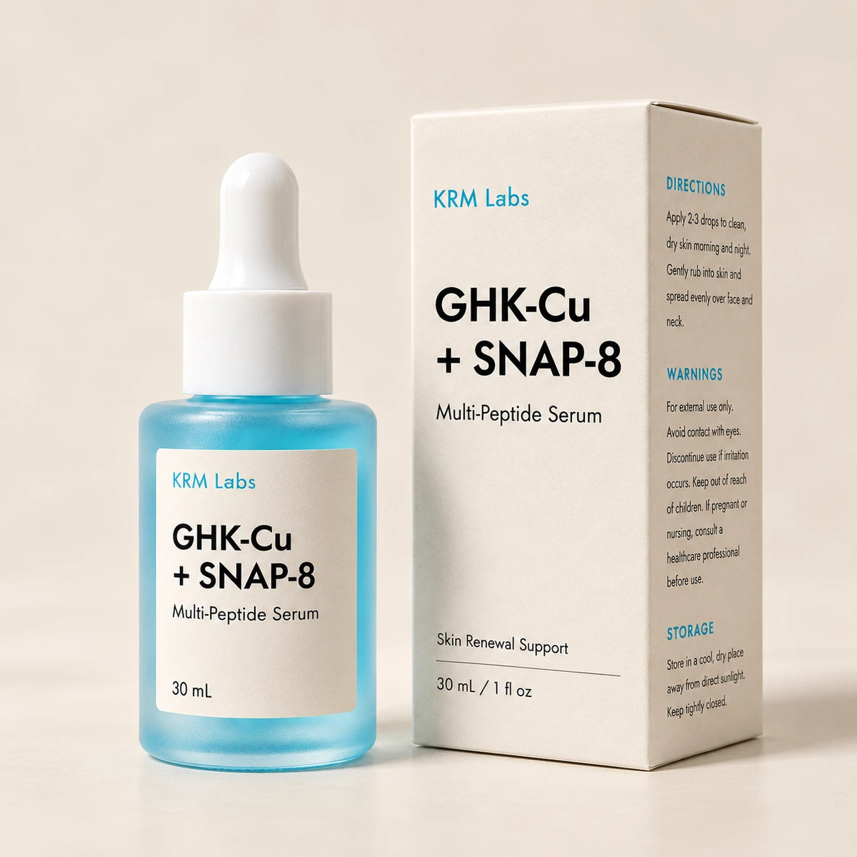 A 30 mL bottle of KRM Labs GHK-Cu + SNAP-8 Multi-Peptide Serum with a white dropper cap next to its white product box, set against a warm beige background.