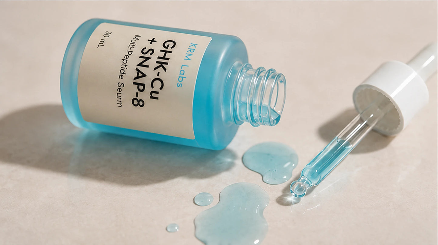 Blue serum bottle with dropper on a beige background