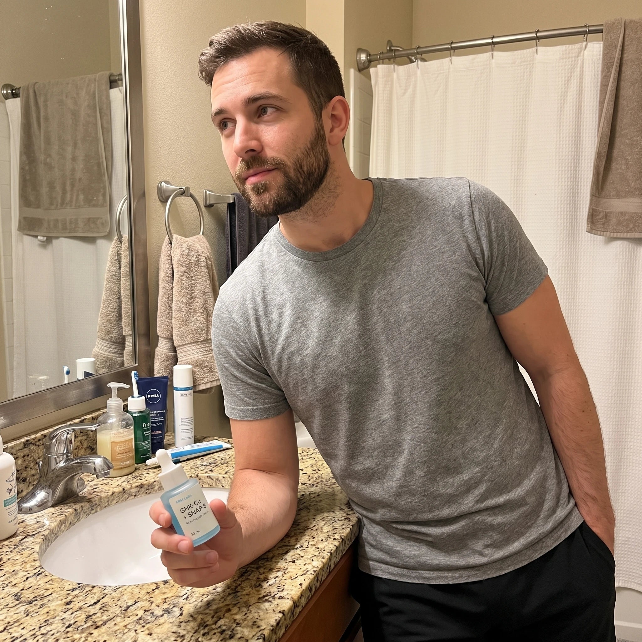 Customer holding KRM Labs Multi-Peptide Serum near bathroom vanity
