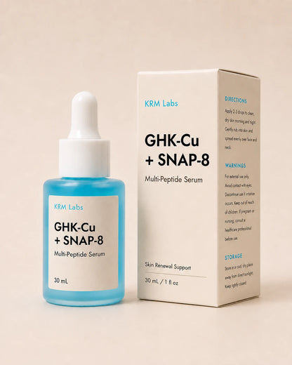 KRM Labs GHK-Cu + SNAP-8 multi-peptide serum bottle and box on a beige background
